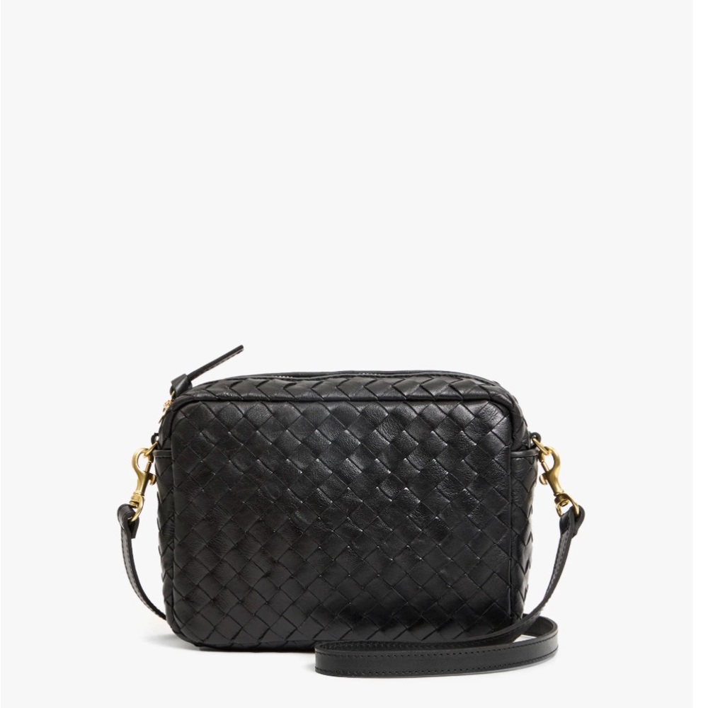 Woven Black Leather Crossbody Bag with Gold Hardware